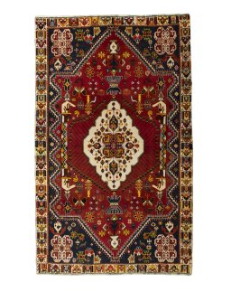 Full view of 2000s Shiraz rug from Iran / Persia, 227 × 140 cm in Red tones