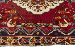 Full view of 2000s Shiraz rug from Iran / Persia, 227 × 140 cm in Red tones