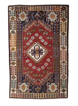 Full view of 2000s Shiraz rug from Iran / Persia, 193 × 126 cm in Red tones