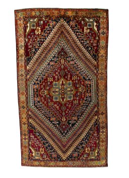 Full view of 2000s Shiraz rug from Iran / Persia, 323 × 184 cm in Multi Color tones