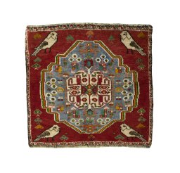 Full view of 2000s Shiraz rug from Iran / Persia, 58 × 61 cm in Red tones