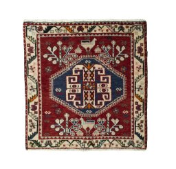 Full view of 2000s Shiraz rug from Iran / Persia, 63 × 61 cm in Red tones