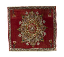 Full view of 2000s Shiraz rug from Iran / Persia, 54 × 59 cm in Red tones