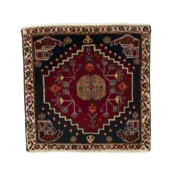 Full view of 2000s Shiraz rug from Iran / Persia, 54 × 55 cm in Red tones