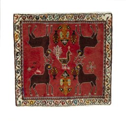 Full view of 2000s Shiraz rug from Iran / Persia, 58 × 61 cm in Red tones