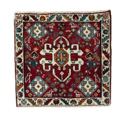 Full view of 2000s Shiraz rug from Iran / Persia, 56 × 58 cm in Red tones