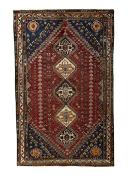 Full view of 2000s Shiraz rug from Iran / Persia, 271 × 173 cm in Red tones