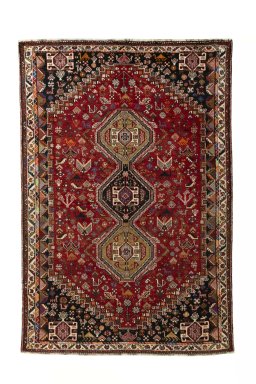 Full view of 2000s Shiraz rug from Iran / Persia, 266 × 180 cm in Red tones