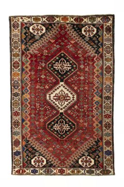 Full view of 2000s Shiraz rug from Iran / Persia, 264 × 172 cm in Red tones