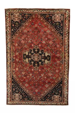 Full view of 2000s Shiraz rug from Iran / Persia, 254 × 168 cm in Red tones