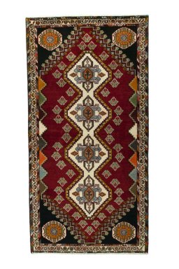 Full view of 2000s Shiraz rug from Iran / Persia, 200 × 103 cm in Red tones