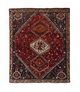 Full view of 2000s Shiraz rug from Iran / Persia, 215 × 175 cm in Red tones