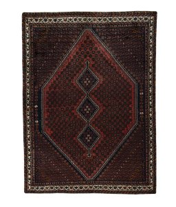 Full view of 2000s Shiraz rug from Iran / Persia, 281 × 208 cm in Red tones