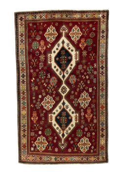Full view of 2000s Shiraz rug from Iran / Persia, 277 × 167 cm in Red tones