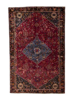 Full view of 2000s Shiraz rug from Iran / Persia, 268 × 172 cm in Red tones