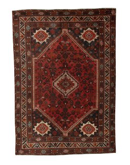 Full view of 2000s Shiraz rug from Iran / Persia, 295 × 206 cm in Red tones