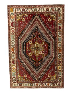 Full view of 2000s Shiraz rug from Iran / Persia, 305 × 206 cm in Red tones