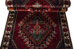 Full view of 2000s Shiraz rug from Iran / Persia, 293 × 102 cm in Red tones