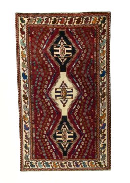 Full view of 2000s Shiraz rug from Iran / Persia, 270 × 160 cm in Red tones