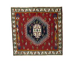 Full view of 2000s Shiraz rug from Iran / Persia, 62 × 65 cm in Red tones