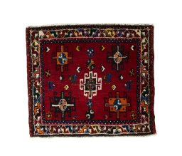 Full view of 2000s Shiraz rug from Iran / Persia, 61 × 70 cm in Red tones