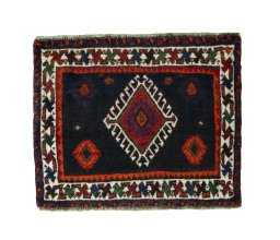 Full view of 2000s Shiraz rug from Iran / Persia, 50 × 62 cm in Red tones