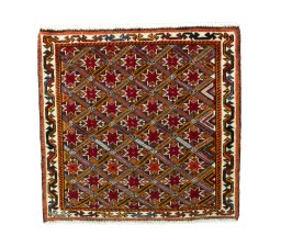 Full view of 2000s Shiraz rug from Iran / Persia, 56 × 60 cm in Red tones