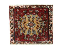 Full view of 2000s Shiraz rug from Iran / Persia, 48 × 53 cm in Red tones