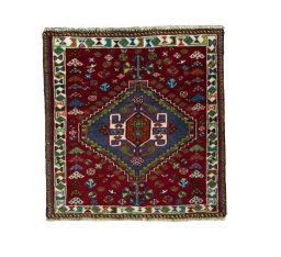 Full view of 2000s Shiraz rug from Iran / Persia, 62 × 60 cm in Red tones