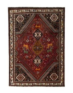 Full view of 2000s Shiraz rug from Iran / Persia, 303 × 215 cm in Red tones