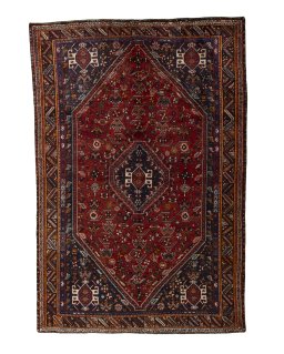 Full view of 2000s Shiraz rug from Iran / Persia, 246 × 166 cm in Red tones