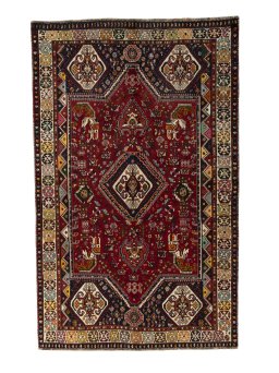Full view of 2000s Shiraz rug from Iran / Persia, 258 × 160 cm in Red tones