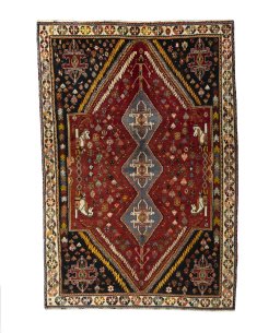 Full view of 2000s Shiraz rug from Iran / Persia, 267 × 185 cm in Red tones
