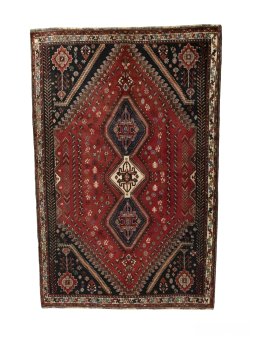 Full view of 2000s Shiraz rug from Iran / Persia, 273 × 181 cm in Red tones