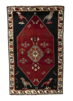 Full view of 2000s Shiraz rug from Iran / Persia, 210 × 132 cm in Red tones