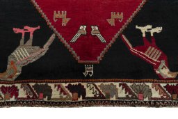 Full view of 2000s Shiraz rug from Iran / Persia, 210 × 132 cm in Red tones