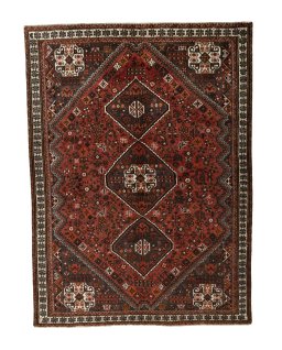 Full view of 2000s Shiraz rug from Iran / Persia, 274 × 203 cm in Red tones