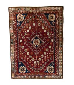 Full view of 2000s Shiraz rug from Iran / Persia, 283 × 210 cm in Red tones