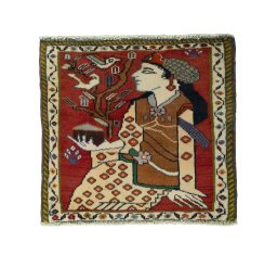 Full view of 2000s Shiraz rug from Iran / Persia, 58 × 61 cm in Red tones