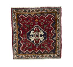 Full view of 2000s Shiraz rug from Iran / Persia, 59 × 58 cm in Red tones