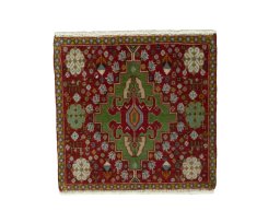 Full view of 2000s Shiraz rug from Iran / Persia, 47 × 50 cm in Red tones