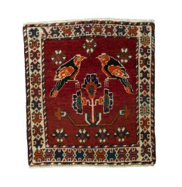 Full view of 2000s Shiraz rug from Iran / Persia, 68 × 62 cm in Red tones