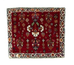 Full view of 2000s Shiraz rug from Iran / Persia, 58 × 68 cm in Red tones