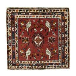 Full view of 2000s Shiraz rug from Iran / Persia, 61 × 64 cm in Red tones