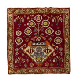 Full view of 2000s Shiraz rug from Iran / Persia, 66 × 63 cm in Red tones
