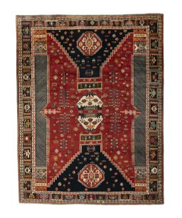 Full view of 2000s Shiraz rug from Iran / Persia, 318 × 250 cm in Red tones