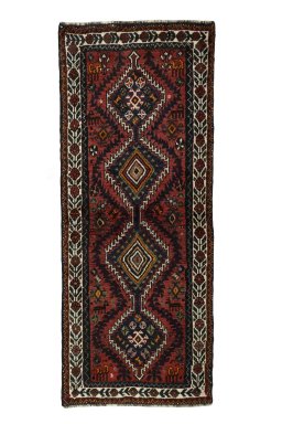 Full view of 2000s Shiraz rug from Iran / Persia, 202 × 82 cm in Red tones