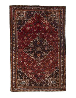 Full view of 2000s Shiraz rug from Iran / Persia, 264 × 173 cm in Red tones