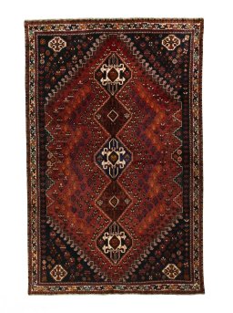 Full view of 2000s Shiraz rug from Iran / Persia, 276 × 180 cm in Red tones