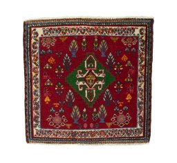 Full view of 2000s Shiraz rug from Iran / Persia, 56 × 57 cm in Red tones